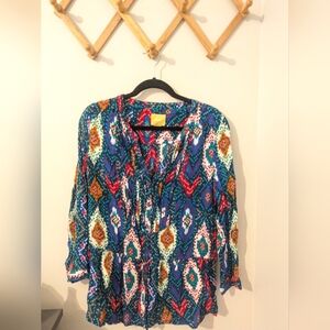 Maeve Topoxte Ikat Tunic Colorful Pleated Women's Blouse